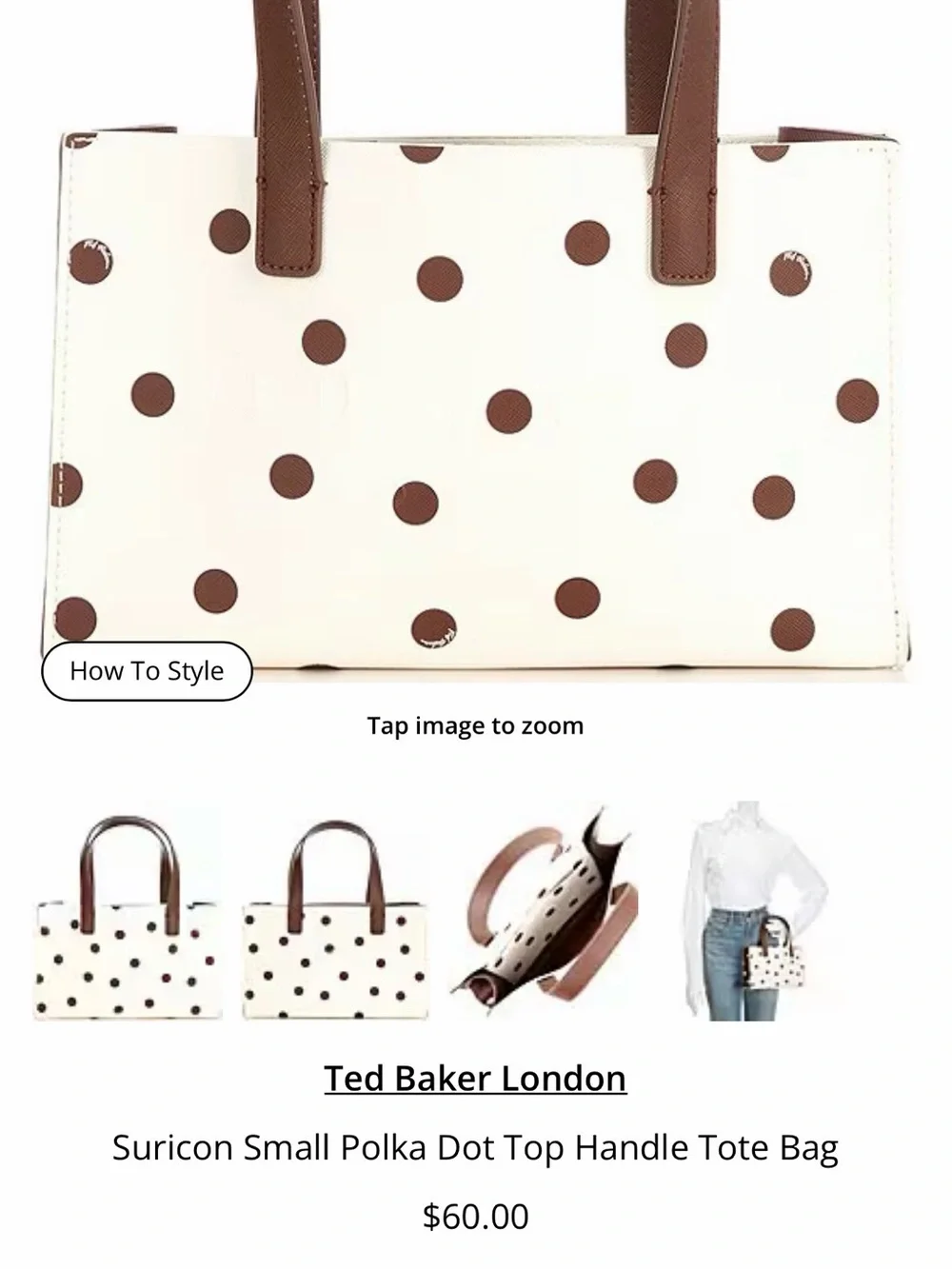 Ted Baker Cream Tote with Brown Polka Dots